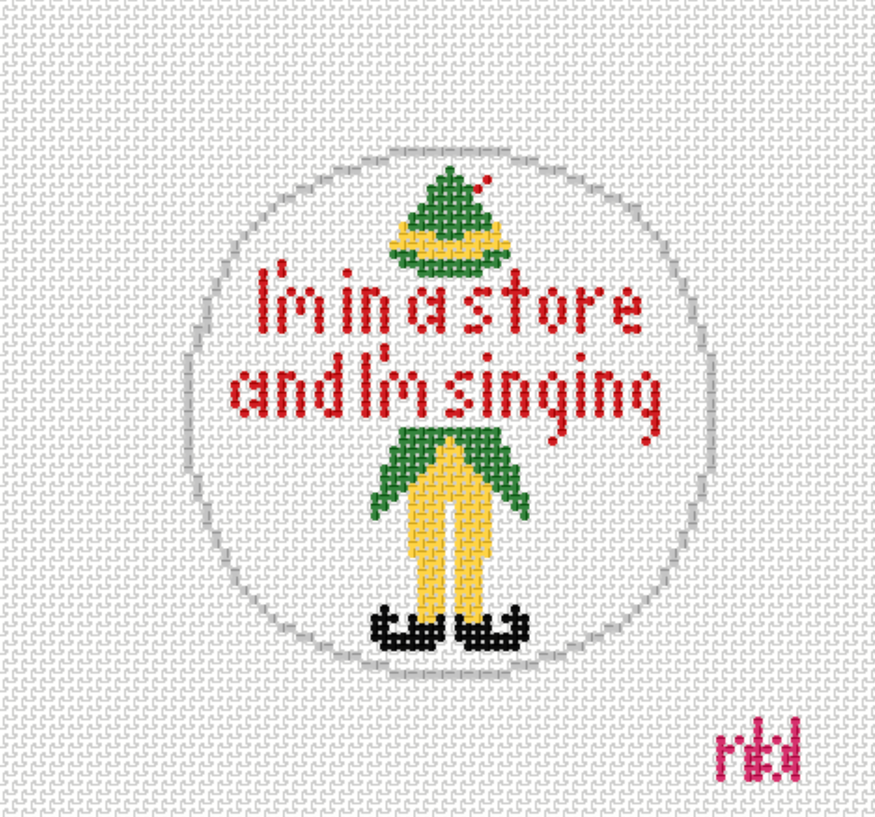 needlepoint by laura Elf I'm in a Store and I'm Singing Round needlepoint canvas