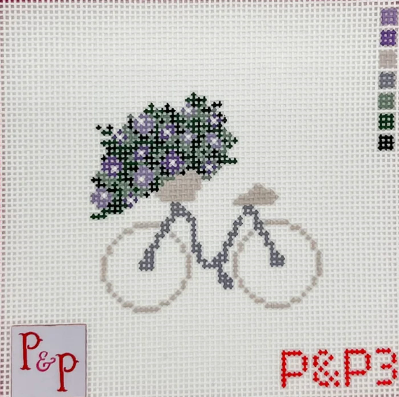 penny and penny Sunshine Stroller bicycle with lavender flowers needlepoint canvas
