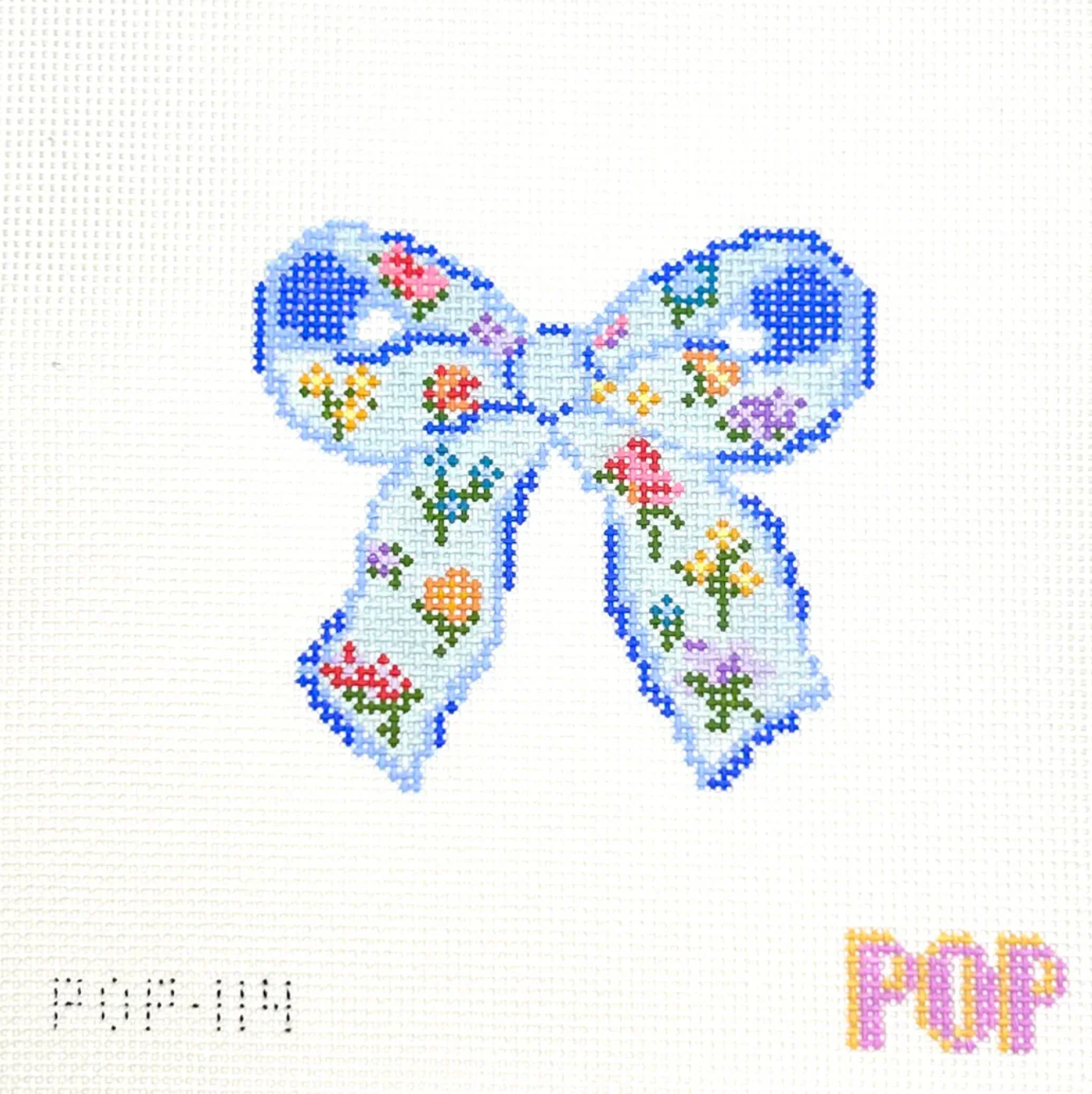 pop needlearts Floral Print Bow in Blue needlepoint canvas