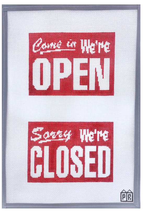 postcard row red double sided Open Closed Sign needlepoint canvas