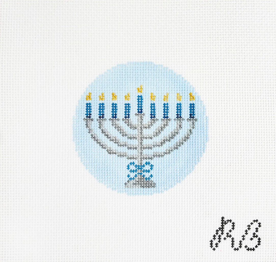 rachel barri Festival of Lights hanukkah menorah Blue Round needlepoint canvas