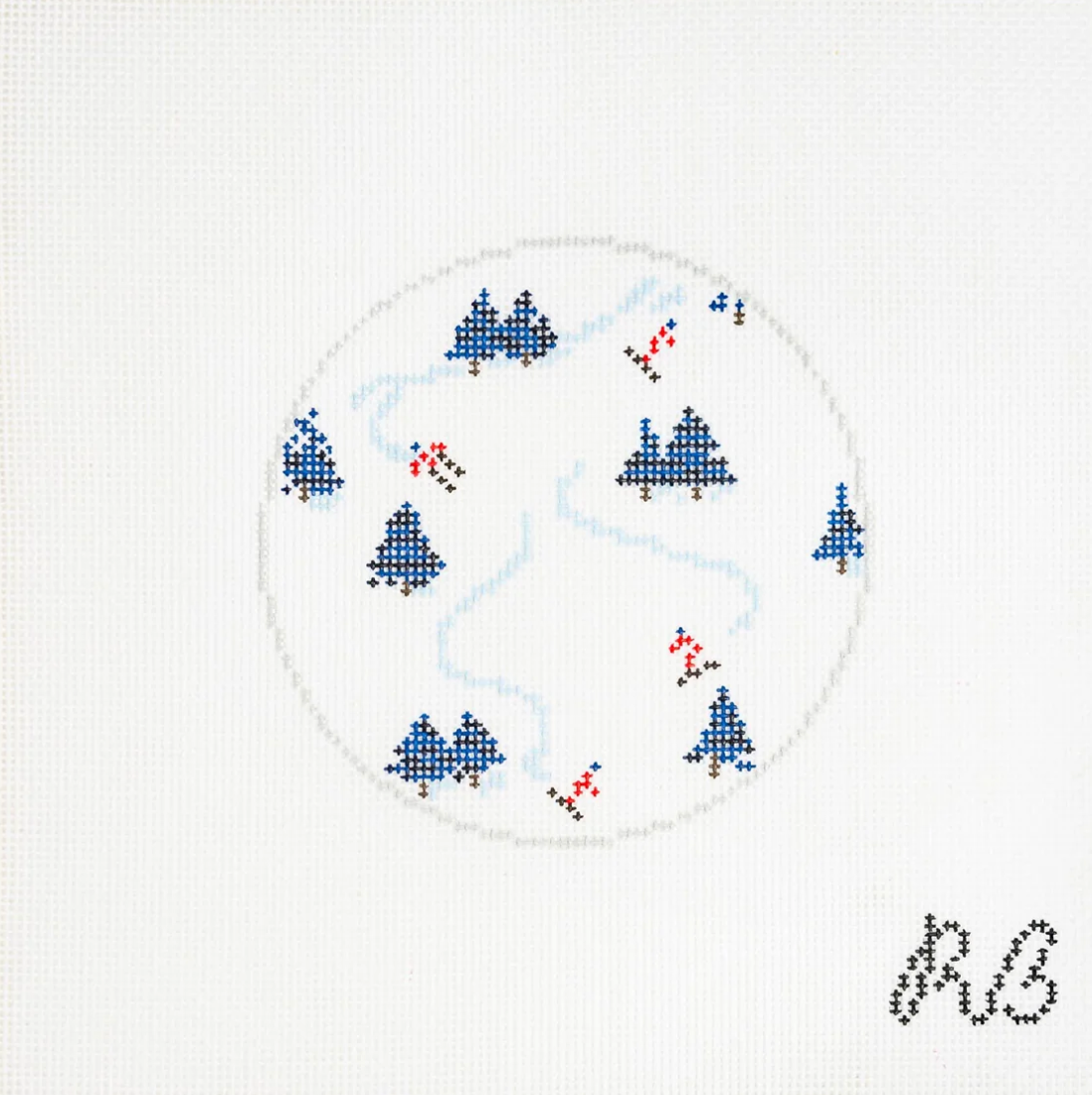 rachel barri Snowy Slopes Skiing Round needlepoint canvas
