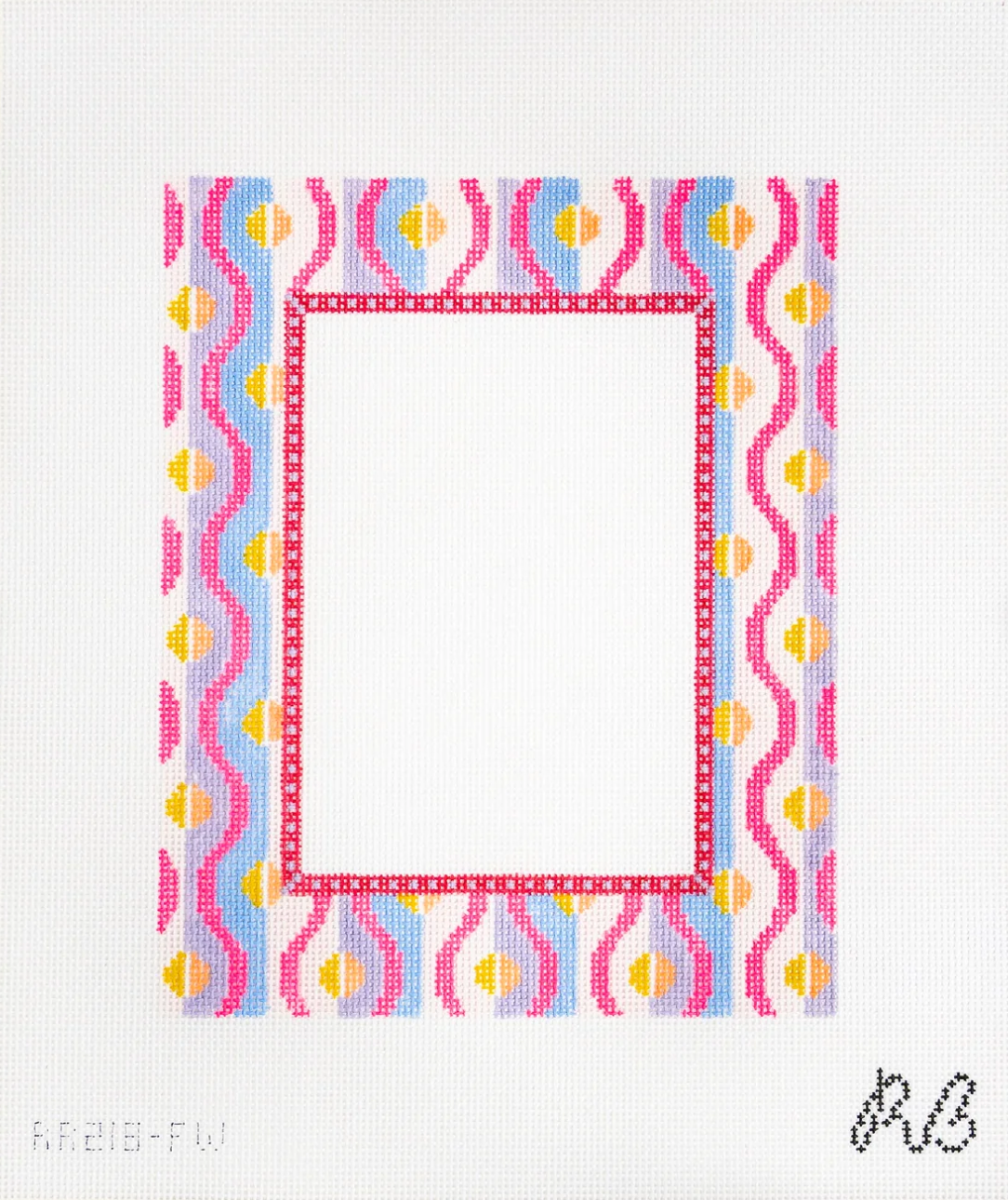 rachel barri Squiggle Frame Warm with pink purple yellow and blue design needlepoint canvas