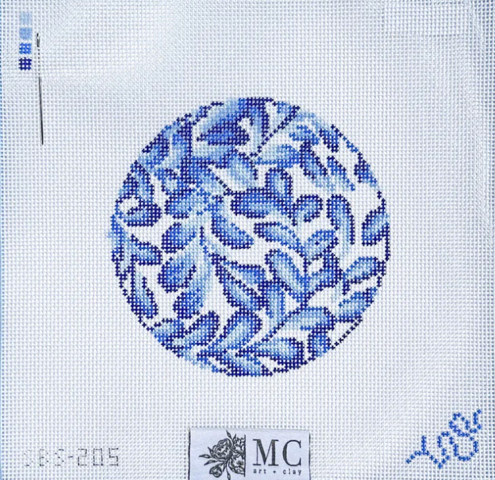 spellbound stitchery Leaves of Swirling Indigo Round needlepoint canvas