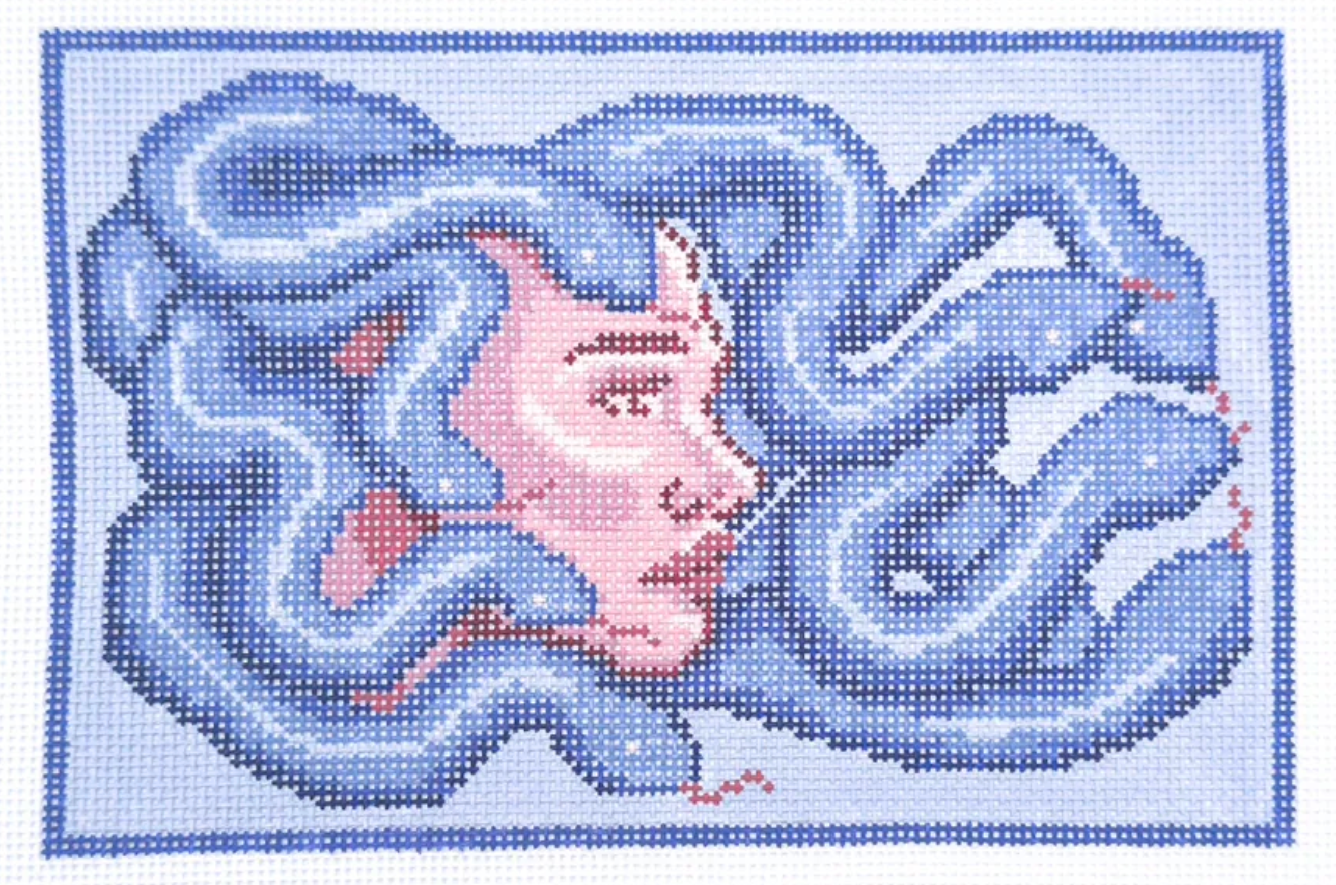 spellbound stitchery Medusa in Blue Pink needlepoint canvas