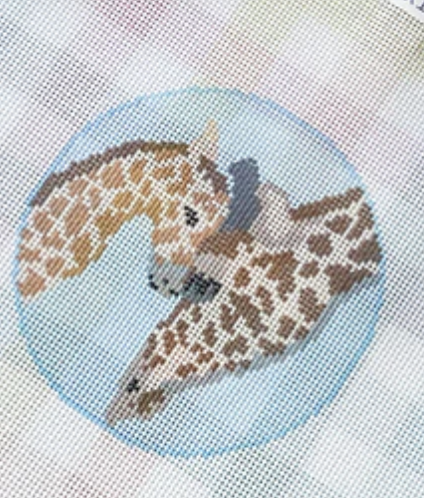 stitch style Mom and Baby Giraffe Round needlepoint canvas
