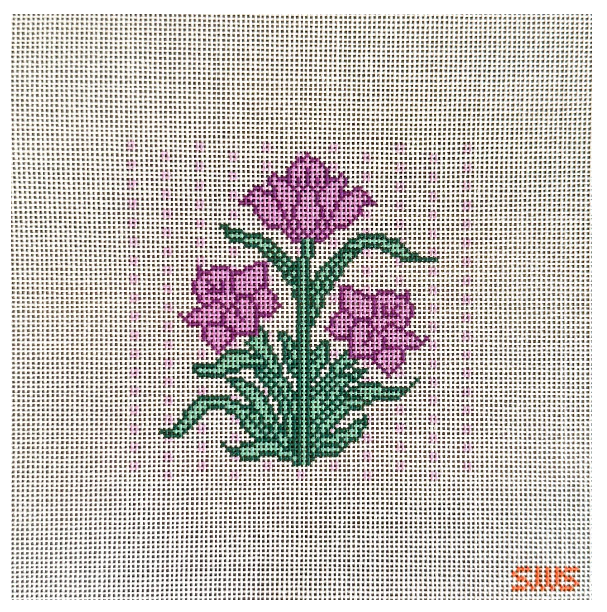 stitching with stacey Purple Block Print Flower needlepoint canvas