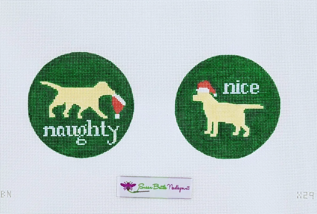 susan battle Naughty or Nice Yellow Labs double sided ornament needlepoint canvas