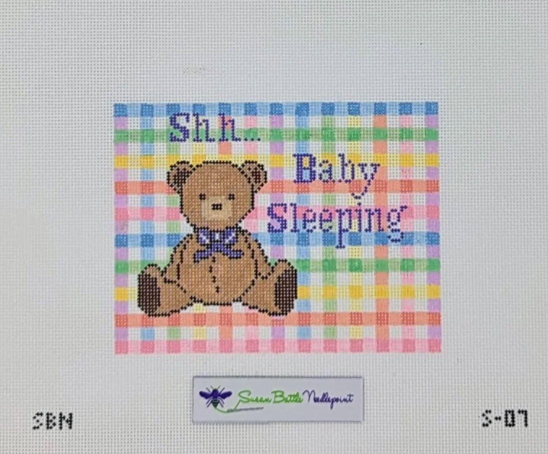 susan battle rainbow Gingham Baby Sleeping Sign With Bear needlepoint canvas