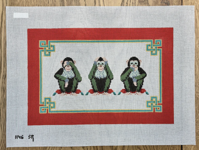 susan roberts Hear See Speak No Evil in Red needlepoint canvas