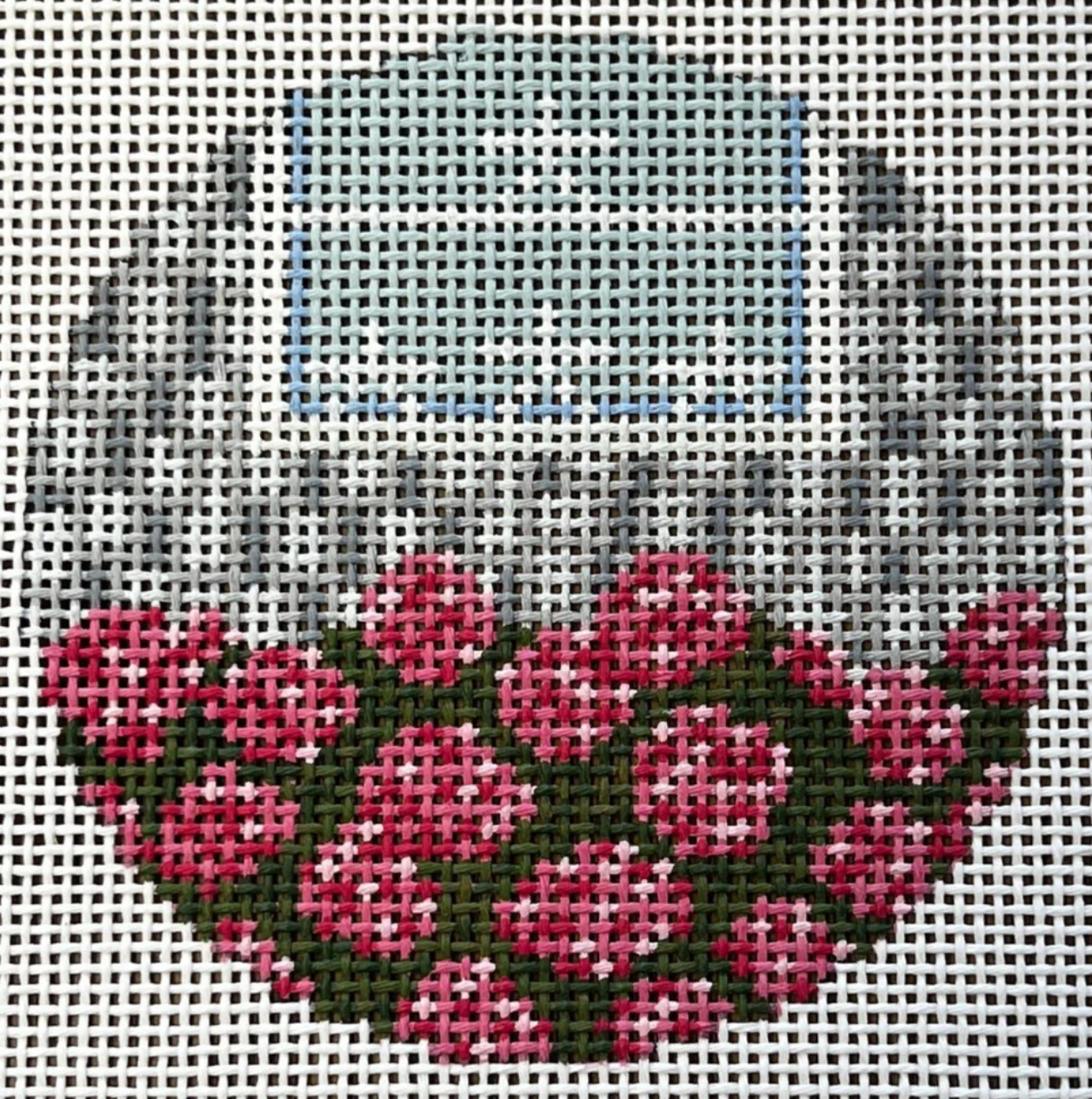 the gingham stitchery Shingles and Stars Round Pink needlepoint canvas