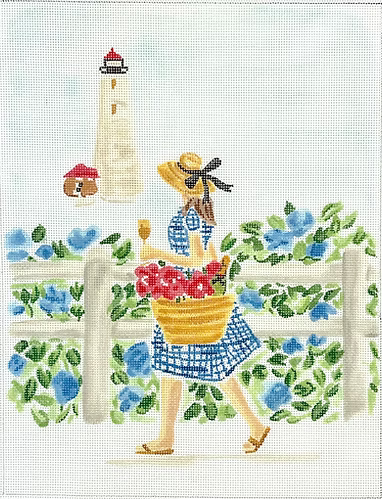 Summer Stroll – Blue Gingham Girl w/ Lighthouse