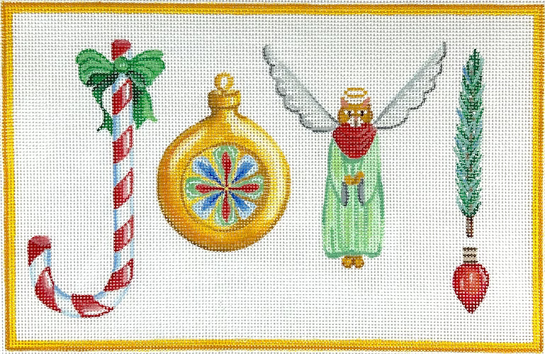 Wendy Russell – JOY! w/ candy cane, bauble ornament, kitty angel, pine sprig & lightbulb    WR-PL-02