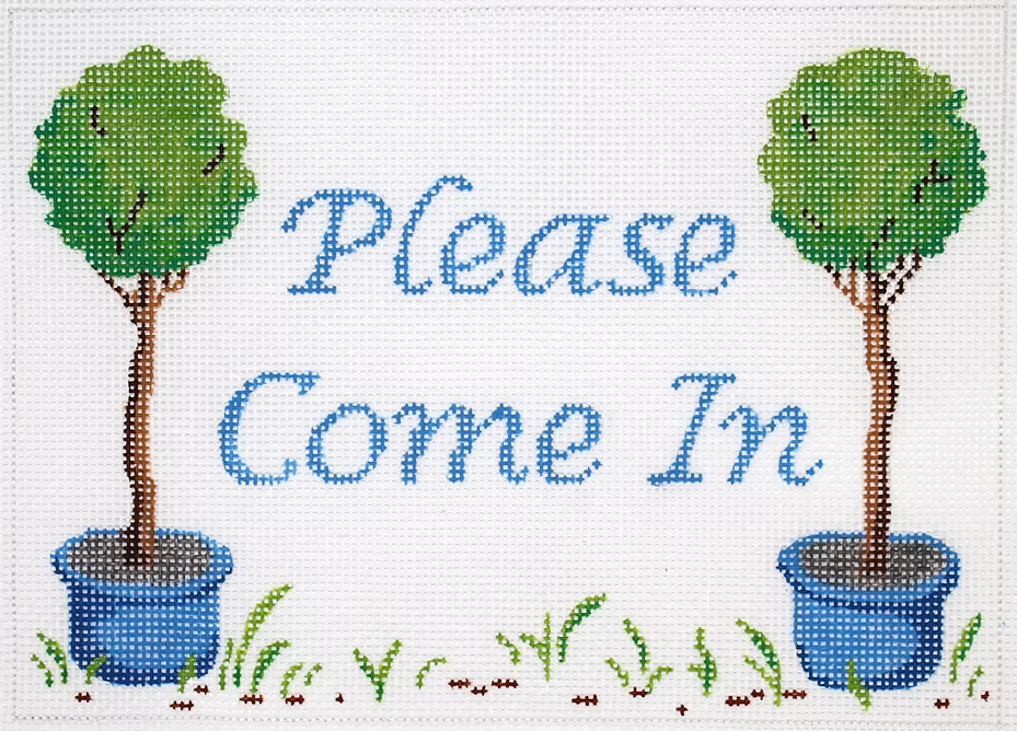 “Please Come In” Topiaries in Blue Pots