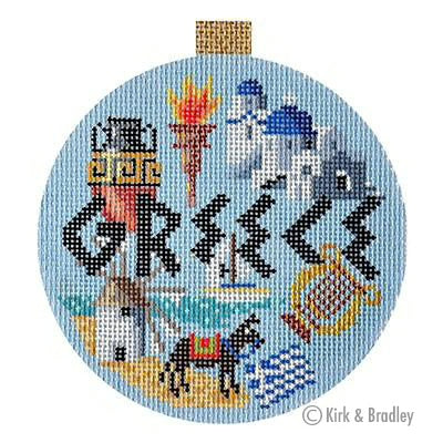 Bradley needlepoint greece travel round ornament 