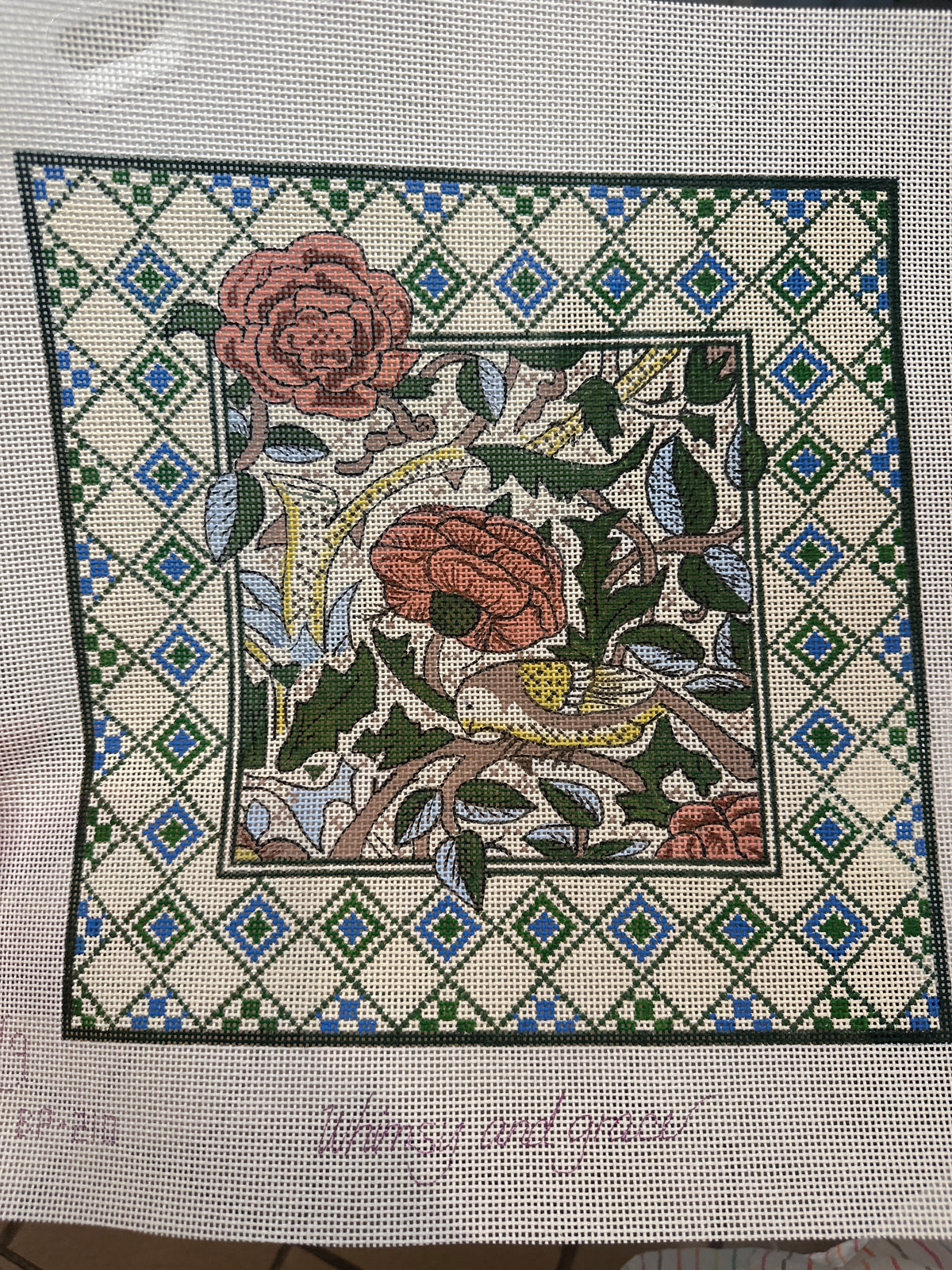Wm's Bird and Roses 13 ct Pillow