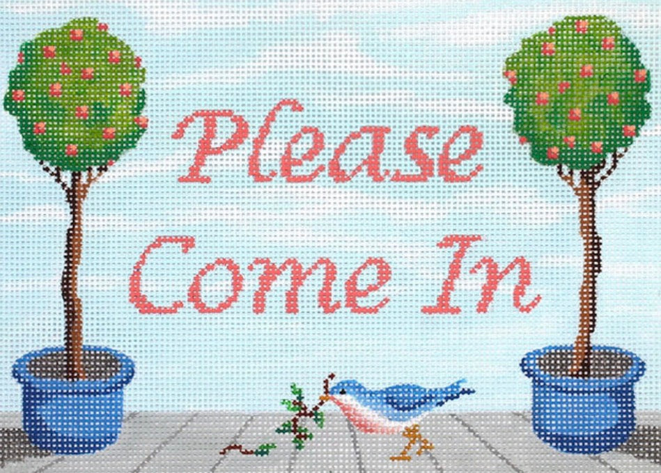 “Please Come In” Topiaries in Blue Pots & Bluebird w/ Coral Lettering on Sky