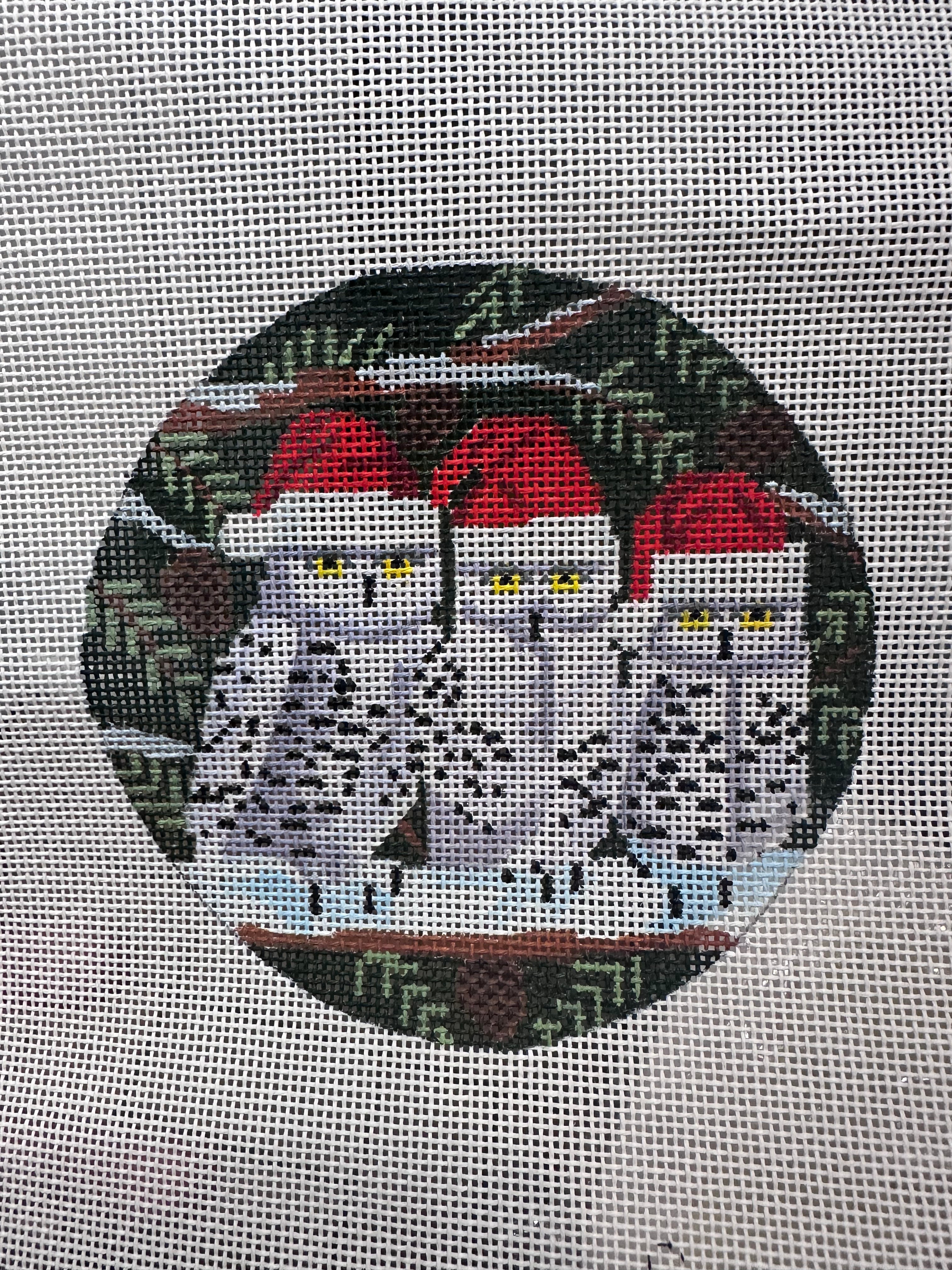 Three Owls in Santa Hats Round