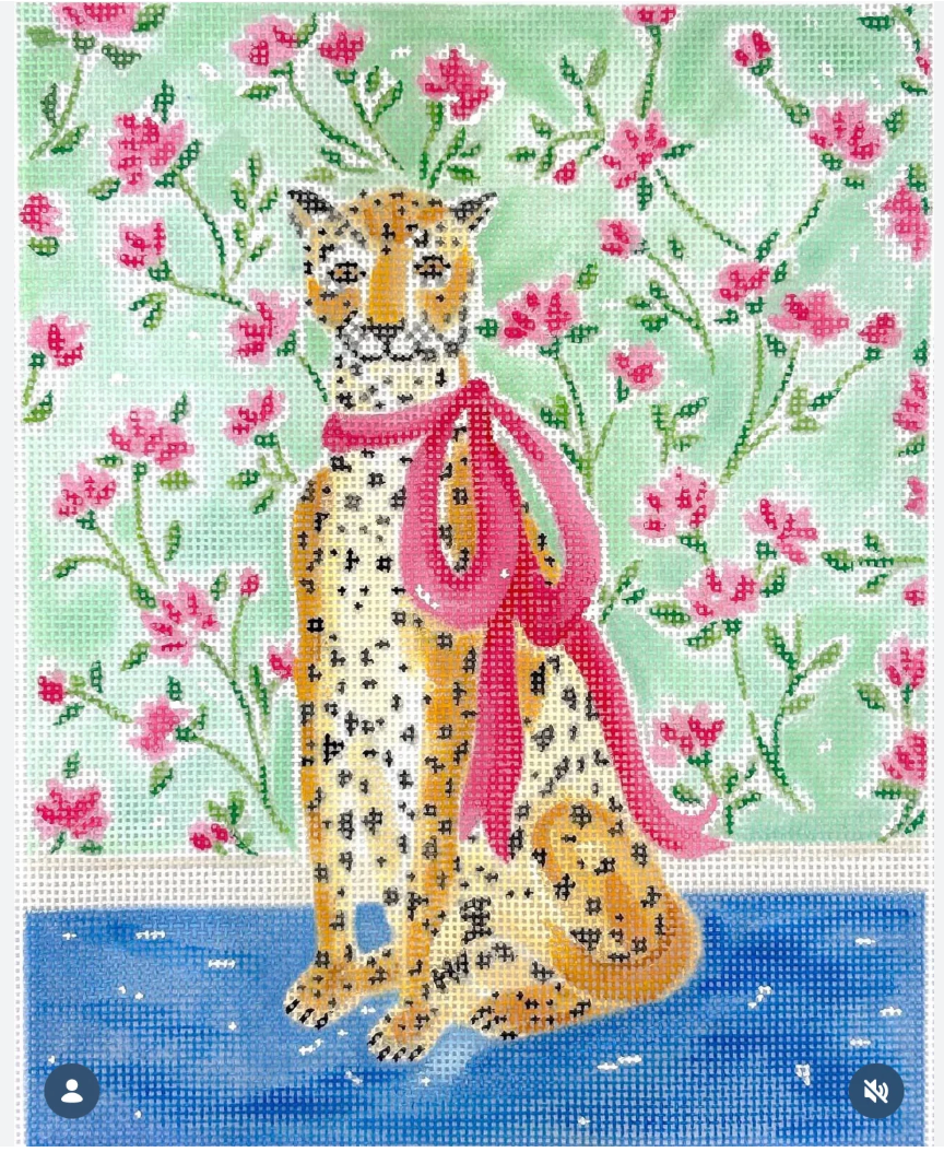 Stately Leopard w/ Pink Bow & Floral Wallpaper