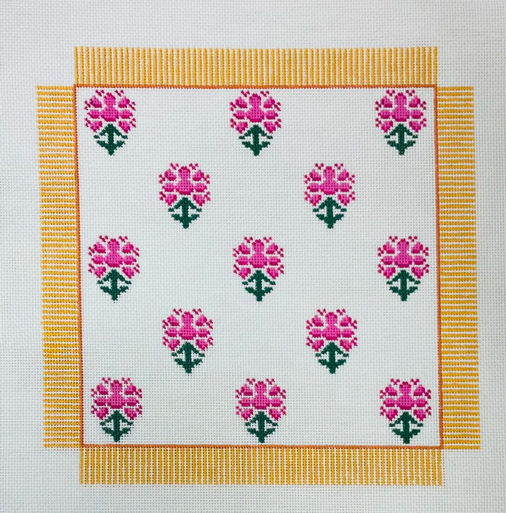Block Print with Stripe Needlepoint Canvas - Pink with Yellow Stripe