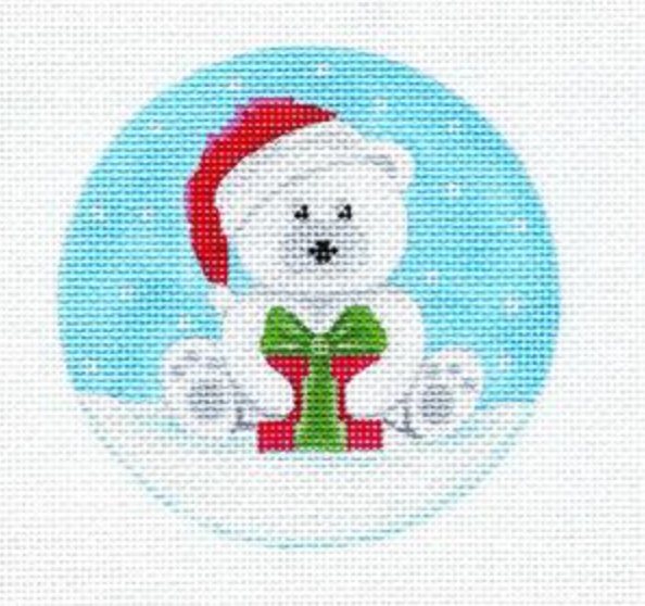 White Santa Bear With Present Round