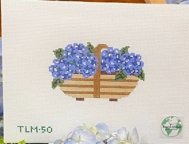 Tout le Monde Sussex Trug Blue Hydrangeas in Nantucket Basket