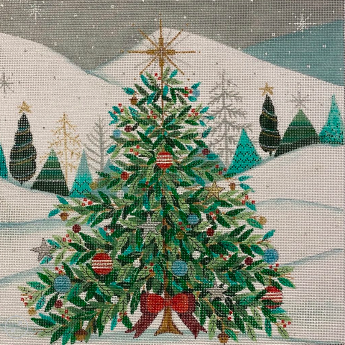 Christmas Tree with Red Bow Pillow needlepoint canvas