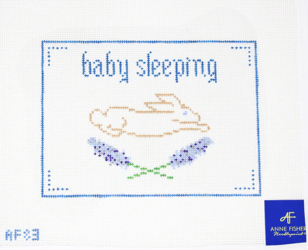 anne fisher Baby Sleeping Sign Blue needlepoint canvas