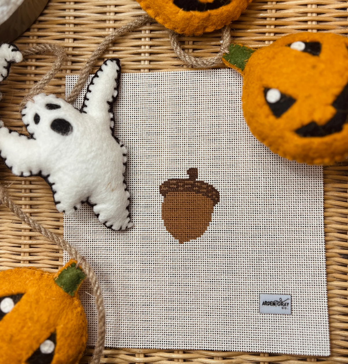 arden gray Acorn Mini bag charm needlepoint canvas