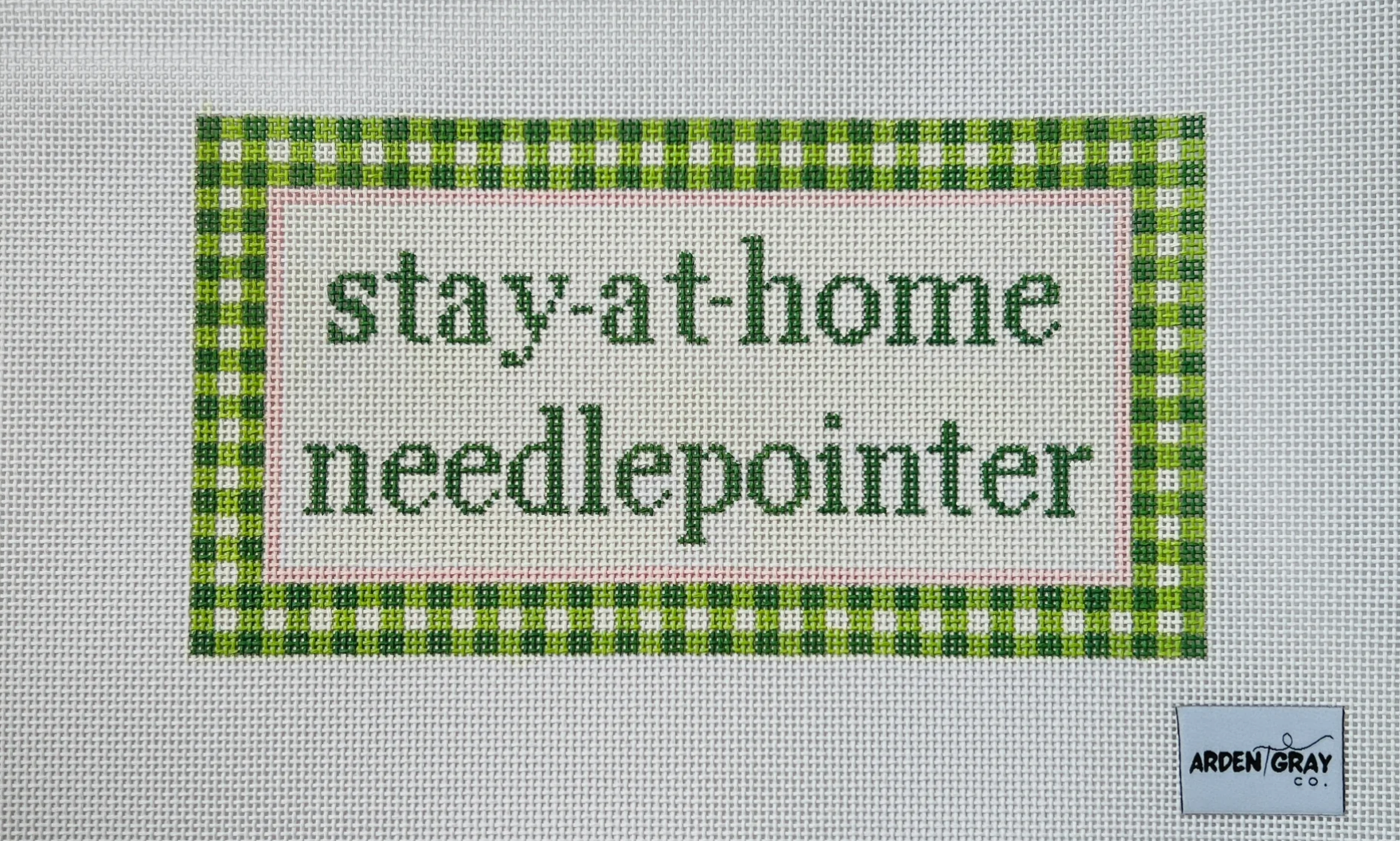arden gray Gingham Stay at home needlepointer needlepoint canvas