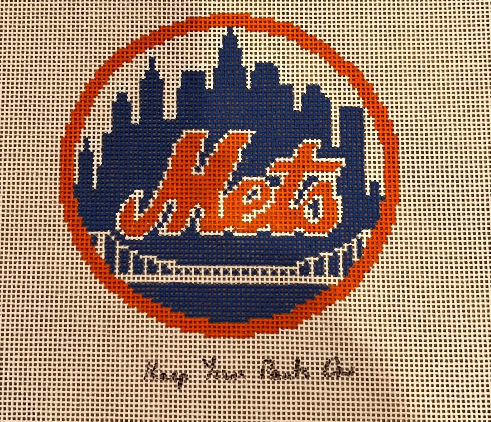 cbk keep your pants on mets round ornament needlepoint canvas