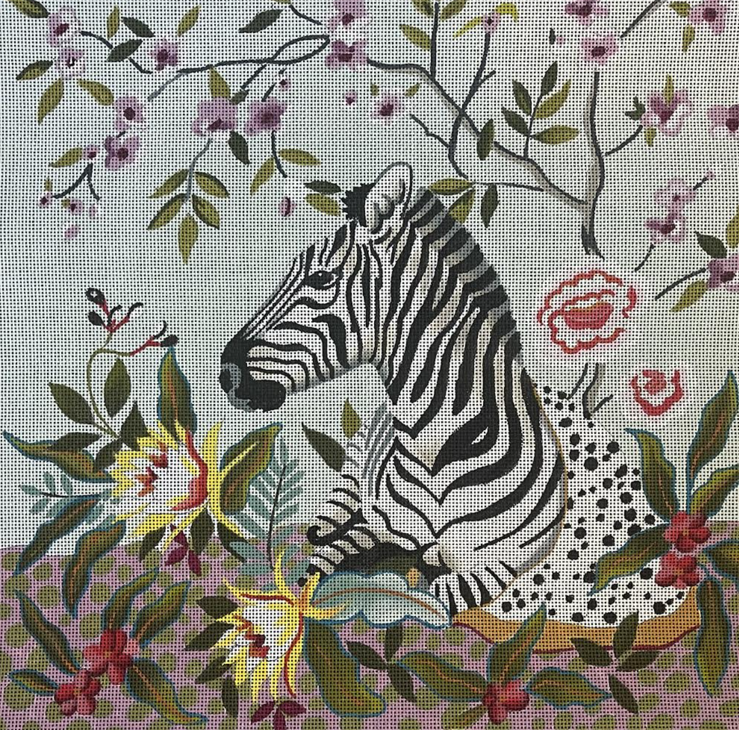 colors of praise Zebra In Flowers needlepoint canvas