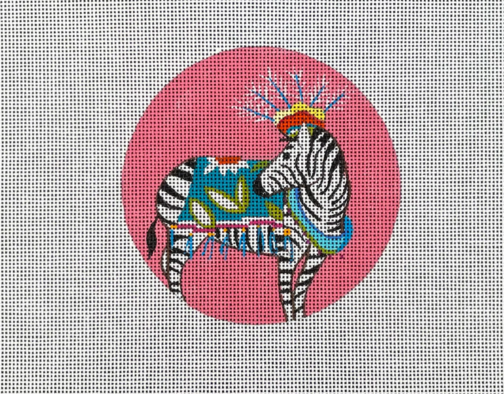 colors of praise zebra on pink needlepoint canvas