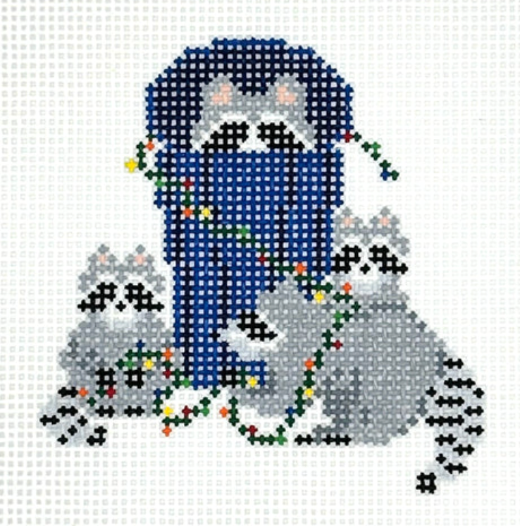 fire and iris Rocky Raccoons Holiday Party  needlepoint canvas