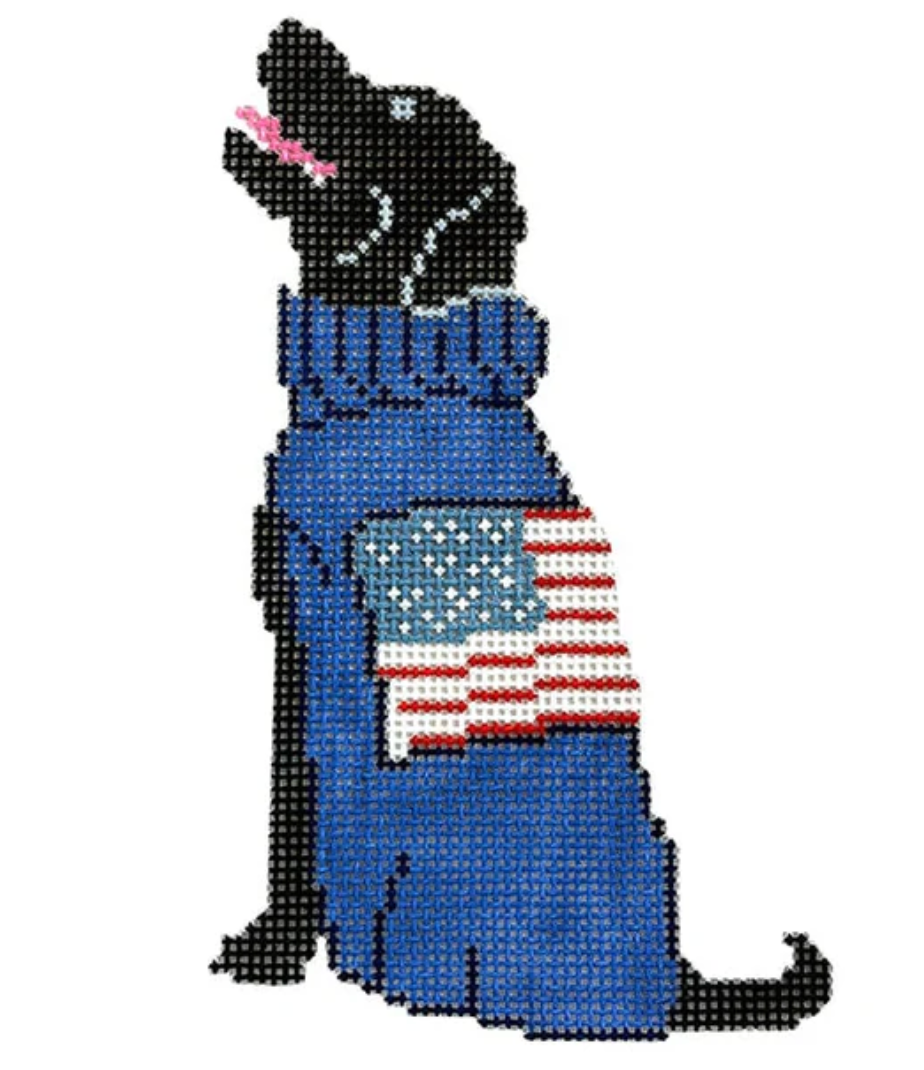 froopy designs Black Lab in Flag Sweater needlepoint canvas