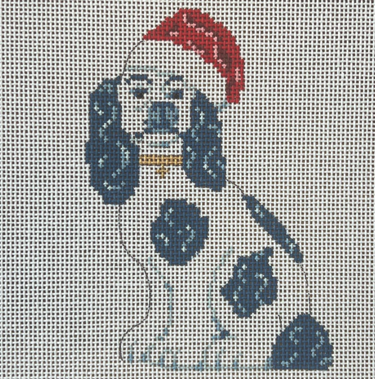 gingham stitchery Staffy with Santa Hat needlepoint canvas
