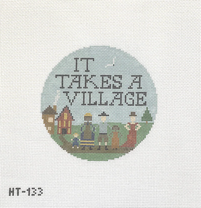 hello tess It Takes a Village Round needlepoint canvas