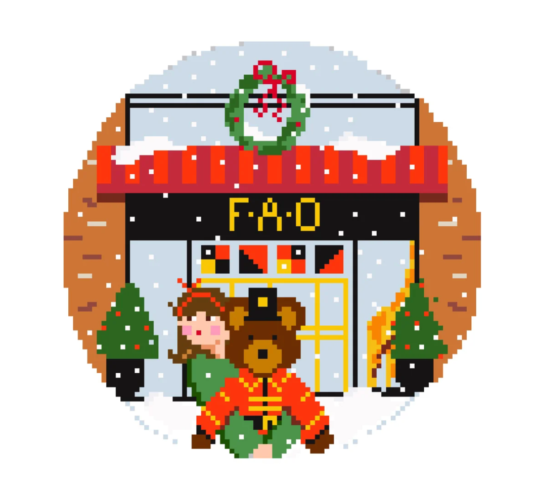 jennifer vallez FAO Schwarz Holiday Brunette girl round Printed needlepoint Canvas