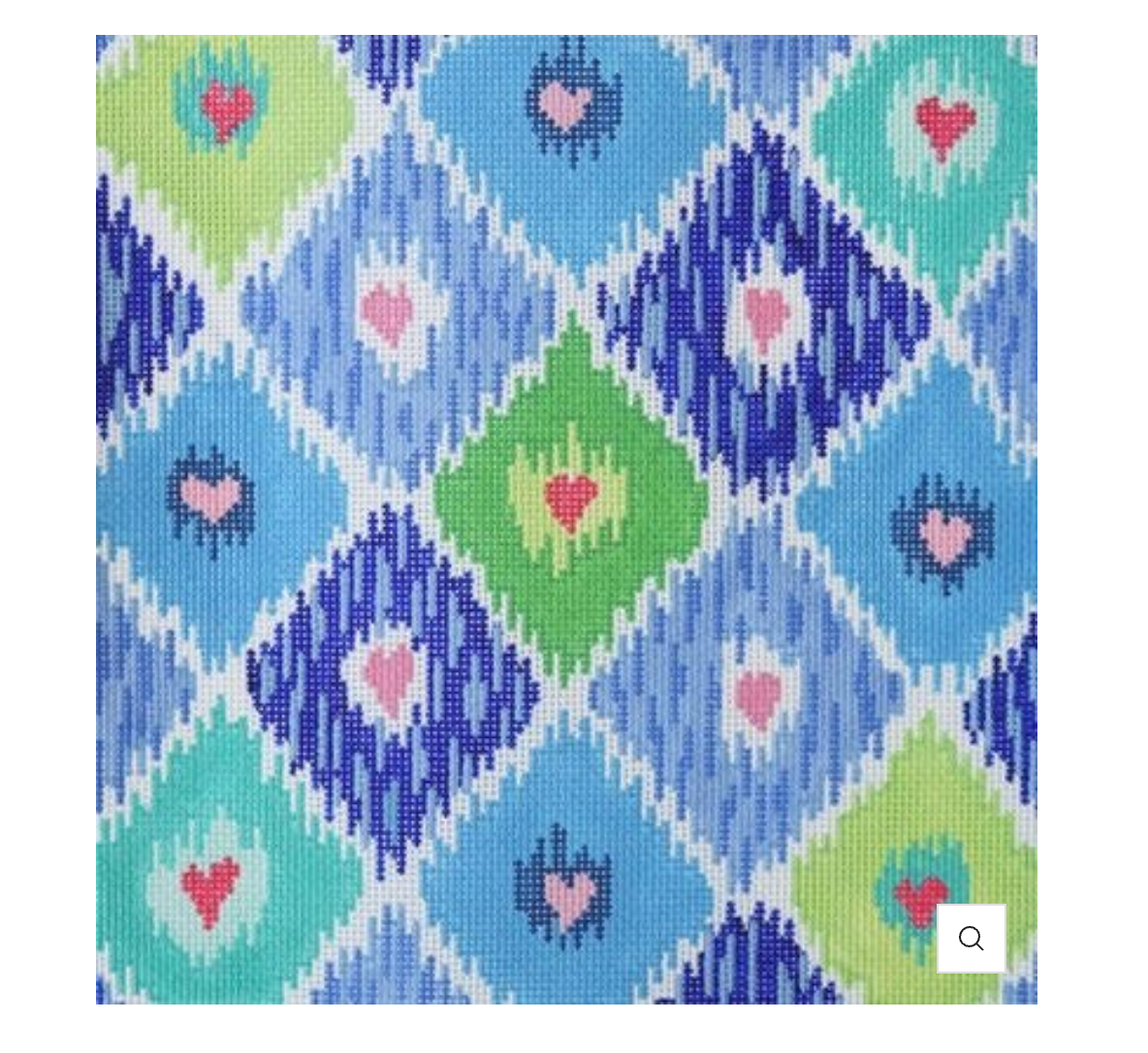 kate dickerson Ikat Diamonds with Allover Hearts Blues, Greens and Pinks needlepoint canvas