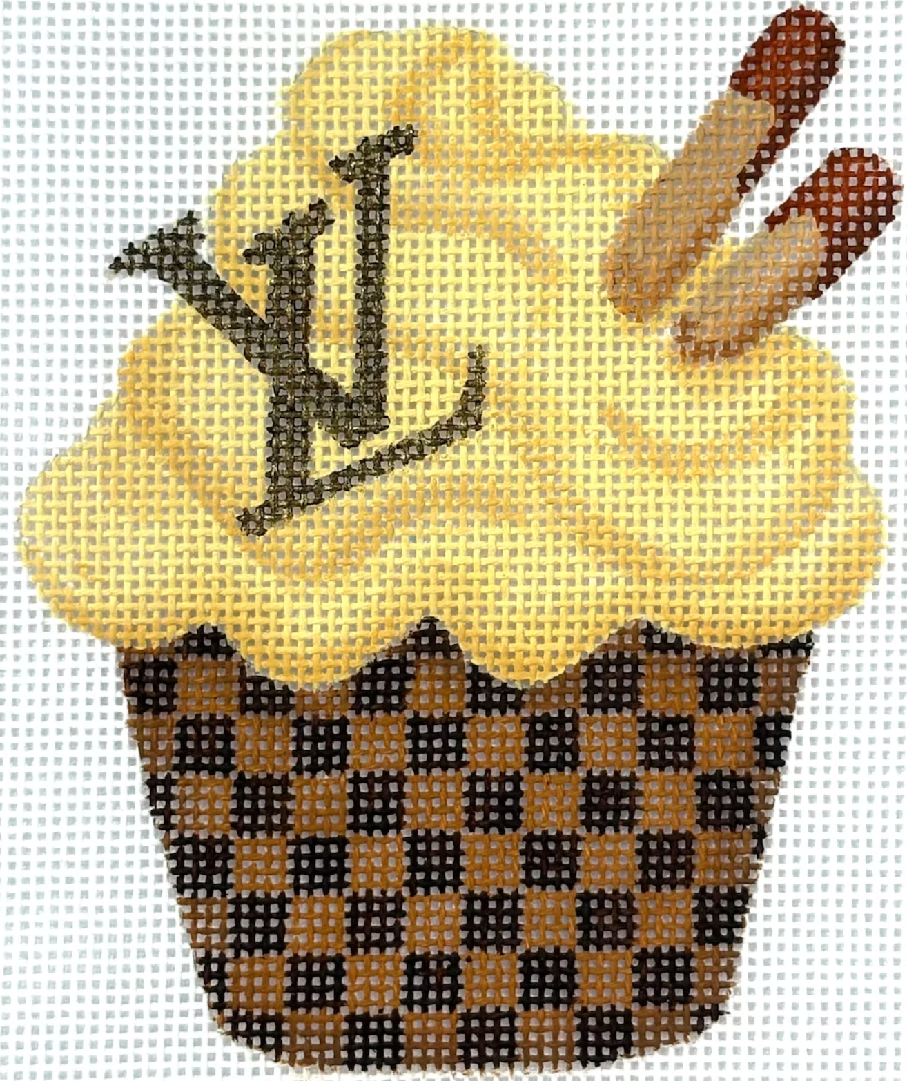 kate dickerson LV Cupcake with caramel buttercream needlepoint canvas