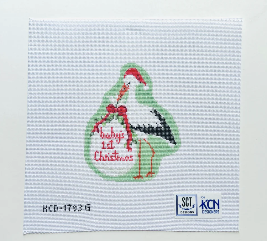 kc designers Baby's First Christmas Green Stork ornament needlepoint canvas