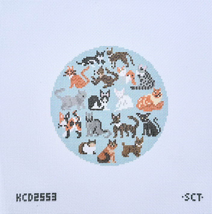 kcd Blue Cat Round Printed needlepoint Canvas