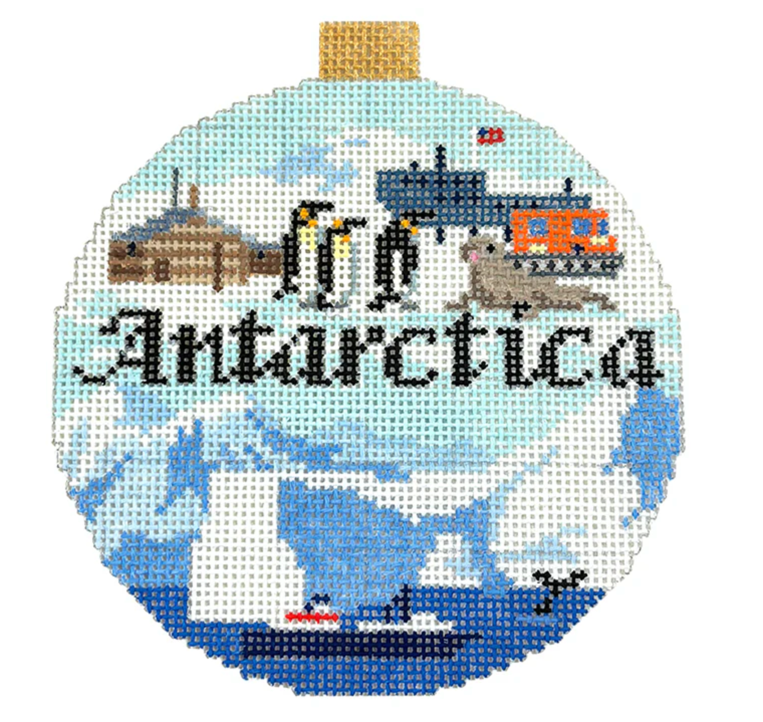 kirk and bradley Antarctica Travel Round needlepoint canvas