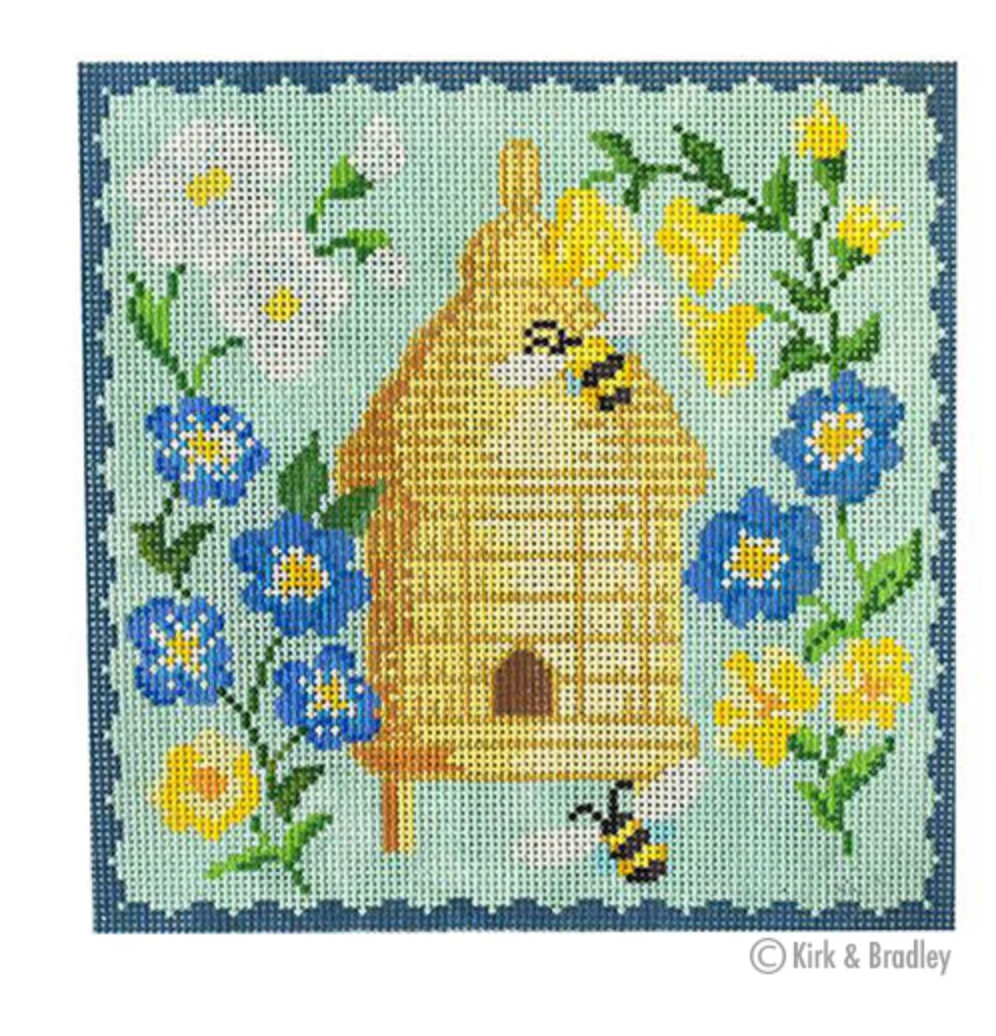kirk and bradley Bee Skep Blue Flowers needlepoint canvas
