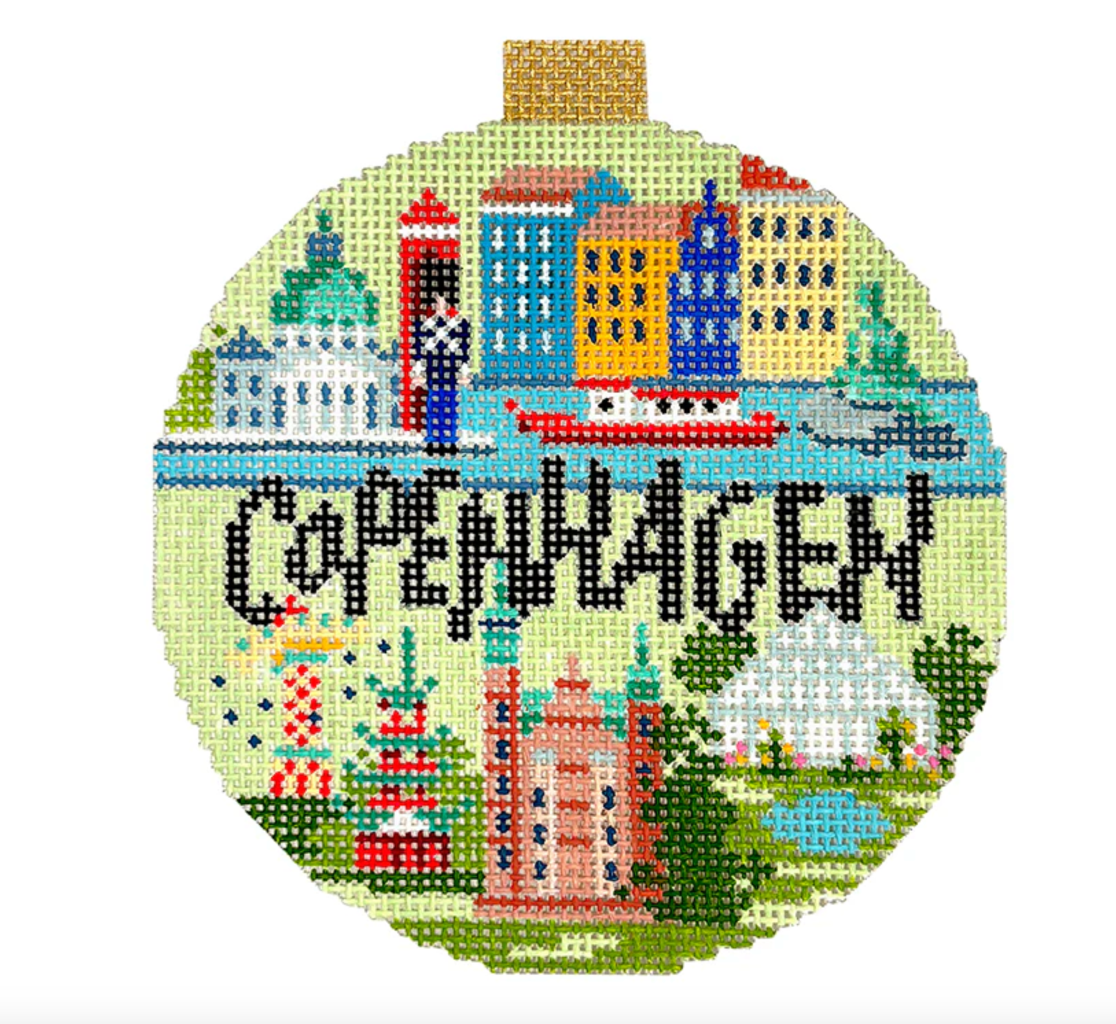kirk and bradley Copenhagen travel round ornament needlepoint canvas