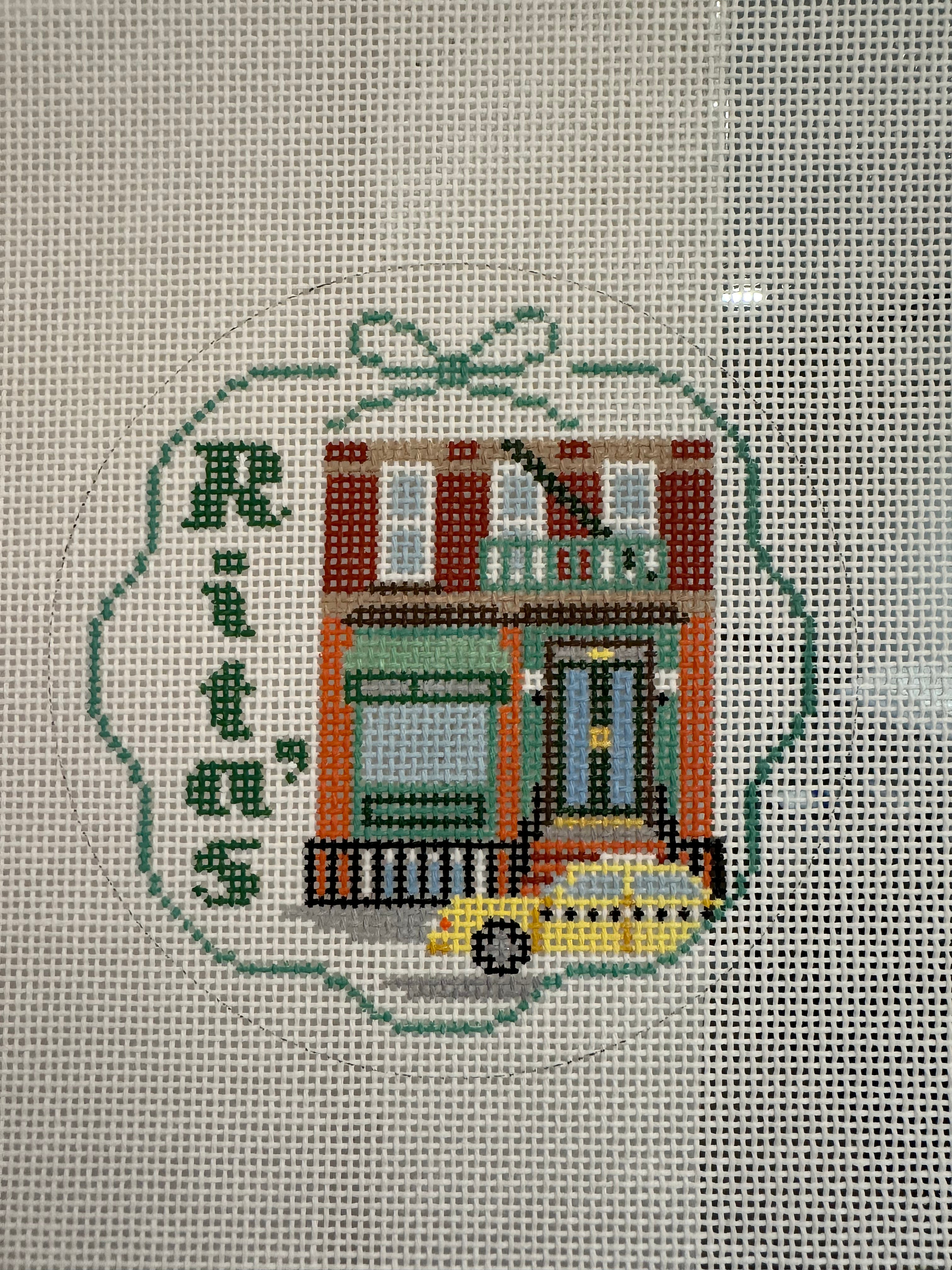 lauren bloch rita's needlepoint storefront round canvas