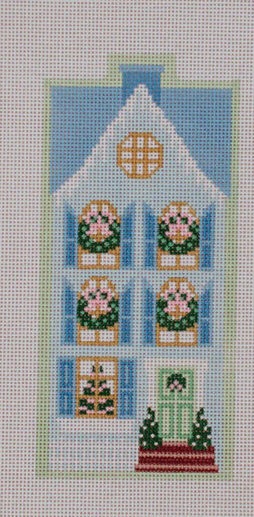 le point Christmas Village Blue Row House needlepoint canvas