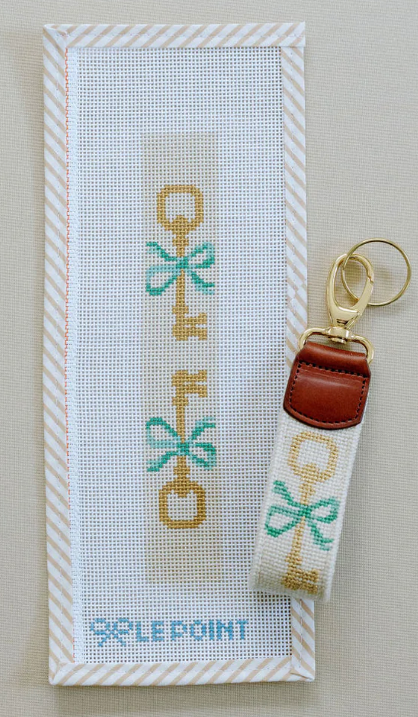 le point Key Keychain Ivory and Green needlepoint canvas