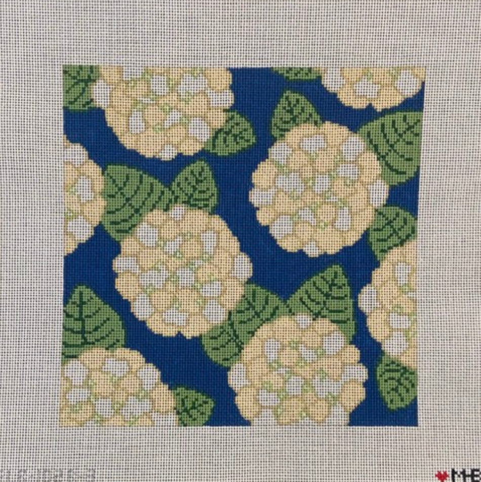 love mhb Hydrangeas Ivory on navy pillow needlepoint canvas