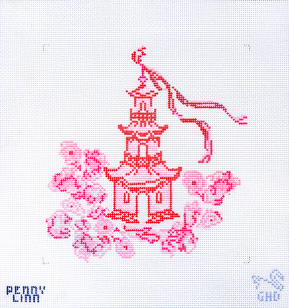 penny linn Pink Cherry Blossom Pagoda needlepoint canvas